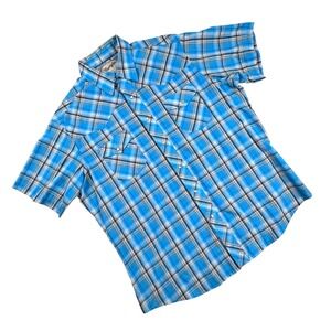 Wrangler Western Fashion Rodeo Mens XL Blue Plaid Pearl Snap Short‎ Sleeve Shirt
